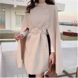 Women's Wool Blends Woollen Cloak Coat Fashion Women Single Breasted Elegant High Quality Beige Autumn Korean Mid-length Woolen-cloth Coats 231013