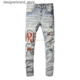 amiiri Designer Clothing Jeans Denim Pants Amies the New 840 Fashion Brand Letters Spell Leather Holes Slim Fit Small Feet Light Colour Wash Old Jeans Men 844 Dist W33G