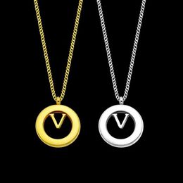 Europe America Style Men Lady Women Titanium steel Lovers Thick Long Necklace Sweater chain With Hollow Out V Initials Round Penda192E