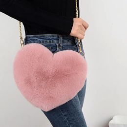 Evening Bags Fashion Womens Heart Shaped Handbags Cute Kawaii Faux Fur Crossbody Wallet Purse Plush Chain Shoulder Bag Lady Handbag 231013