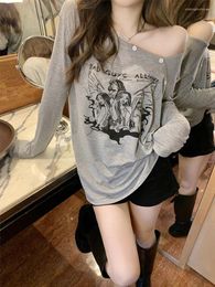 Women's T Shirts Graphic Letter Print T-shirt Women Korean Fashion Sexy Off Shoulder Top Female Loose Long Sleeve Grunge Punk Y2k Aesthetic