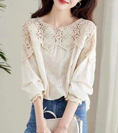 Women's Blouses Apricot Cotton Lace Hollow Long-sleeved Blouse Female Autumn Korean Loose Large Size Design Sense Of Fashion Casual Shirt