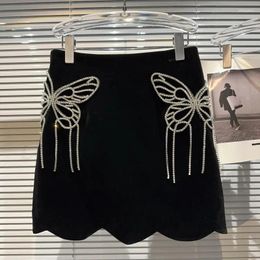Skirts PREPOMP 2023 Autumn Arrival Rhinestone Bow Tassel Black Velvet Short Mini Bodycon Skirt Women GL474
