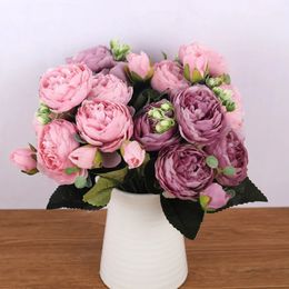 Dried Flowers 30cm Rose Pink Silk Bouquet Peony Artificial Flowers 5 Big Heads 4 Small Bud Bride Wedding Home Decoration Fake Flowers Faux 231013