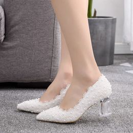 Dress Shoes Autumn Women Lace White Wedding Pumps Bride Fashion Sweet Square High Heels Party Dance Bridal Shoes Woman Big Size H0150 231012