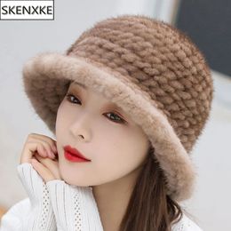 Wide Brim Hats Bucket Winter Women Outdoor Keep Warm Real Mink Fur Hat Natural 100% Lady Knitted Quality Genuine Caps 231012