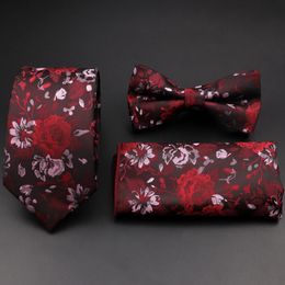 Bow Ties Red Rose Floral Tie Set Polyester Wave Meteor Fireworks Necktie Bowtie For Groom Suit Wedding Cravat Shirt Accessory 231012