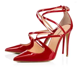 Dress Shoes Fancy Ladies Party Pumps Red Patent Leathe Solid Runway Cross Tied Buckle Strap Cover Heel High Thin Heels Sandals