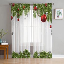 Curtain Christmas Winter Ball Snowflake Green Voile Sheer Curtains Living Room Window Tulle Curtain Kitchen Bedroom Drapes Home Decor 231012