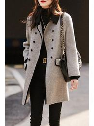 Women's Wool Blends Vintage Elegant Grey Patchwork Woollen Overcoat Slim Fashion Office Lady Double Breasted Winter Coat For Women Versatile Top 231013