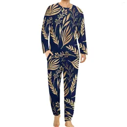 Men's Sleepwear Gold Leaf Pyjamas Male Botanical Print Elegant Home Suit Winter Long Sleeve 2 Pieces Bedroom Design Set 3XL 4XL 5XL