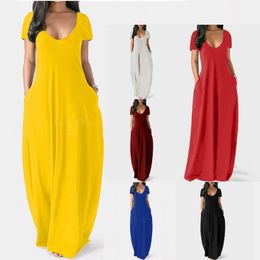 European och amerikansk plus size Summer Solid Color Deep V-hals maxi klänning Lossa mjölk Silk Long Kjol AST281287