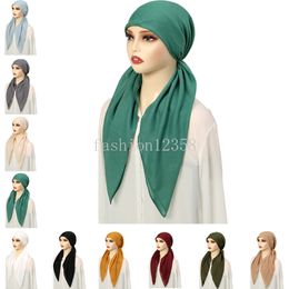 Muslim Hijab Turban Pre-Tied Hat Women Solid Colour Long Tail Bonnet Chemo Cap Hair Loss Head Scarf Wrap Beanies Turbante Mujer
