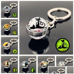 Key Rings Cartoon Cat Glass Ball Keychain Glow In The Dark Pendants Key Holders Bag Hangs Fashion Jewelry Will And Jewelry Dhmt4