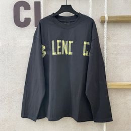 Men's T-shirt designer yellow tape letter printing sweatshirt with holes loose sun protection pure cotton long sleeved couple pullover Worn Grey black top