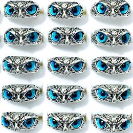 Bulk lots 30pcs blue eye owl vintage rings retro punk gothic rock women men cool biker party gifts jewelry3154