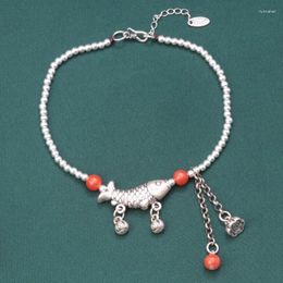 Anklets Vintage 925 Sterling Silver Carp Fish Lotus Tassel Jewelry Women Ethnic Simple South Red Agate Beaded Foot Chain JL022