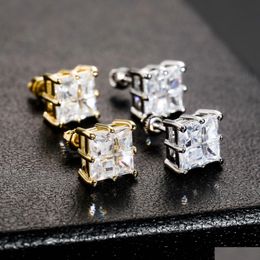Stud Hip Hop Stud Claw Set Cube Cz Stone Bling Ice Out 9Mm Square Earrings For Men Rapper Jewellery Jewellery Earrings Dhee1