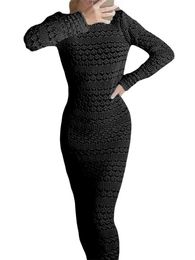 Urban Sexy Dresses Women Spring Dress Long Sleeve Plain Colour Crochet HollowOut Boat Neck SlimFit Ladies Backless Outfits