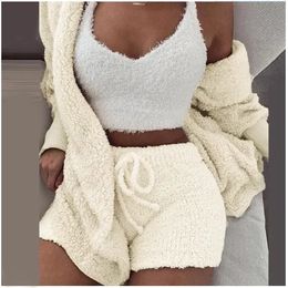 Women's Two Piece Pants Fluffy Three Piece Set Lounge Sexy 3 Piece Set Women Sweater knit Set Tank Top And Pants Casual Homewear Outfits Home Suit 231012