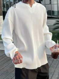 Men's T Shirts Pleated Design Drape V Neck Shirt Men Stylish Pure Color Long Sleeve Loose T-shirts Fall Casual Mens Pullovers Streetwear