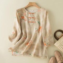 Women's Blouses Cotton Linen Print Round Neck Short-sleeved Tops Summer Fashion Retro Elegant Loose Casual Seven-point Sleeve