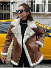 Women's Leather Faux Leather Lamb Wool Lapel Long Sleeve Coats Women Fashion With Zipper Pocket Thicken Warm Jacket 2023 Winter New Female Commuter Outwear J231013