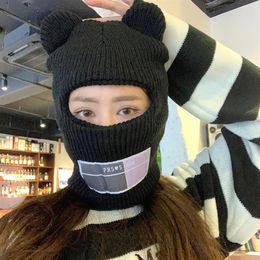 Beanie Skull Caps Bear Ears Balaclava Ladies One Hole Ski Mask Handmade Crochet Full Face Knitted Hat Cute Winter Streetwear Warm 236H