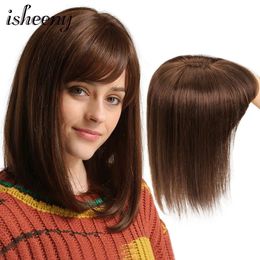 Lace Wigs Isheeny 8" 18" Natural Human Hair Piece Brown Women Topper With Bangs 13x13cm Middle Part Clip Ins Machine Weft 231013