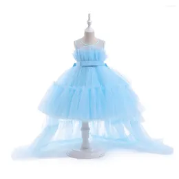 Girl Dresses Sky Blue Ballgown Puffy Dress With Train Flower Children Hi-Low Birthday Party Frist Communion