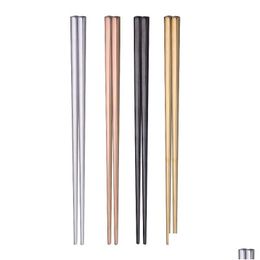 Chopsticks Stainless Steel Chopsticks Dinnerware Gold Black Sier Square Chopstick Bar Household Kitchen Cutlery Home Garden Kitchen, D Dhq93