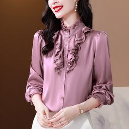 Designer Satin Blouse for Woman Stand Collar Ruffle Pink Shirts Office Ladies Formal Button up Shirt 2023 Autumn Winter Elegant Runway Versatile Solid Silk Blouses