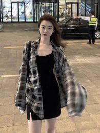 Women's Blouses Shirts Women Plaid Baggy Elegant Daily Outwear Chiffon Summer Sun-proof Casual Trendy Female Ulzzang Long Sleeve Clothes