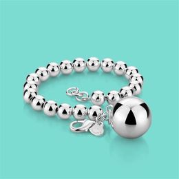 Women's 925 sterling silver bracelet Ethnic the ball pendant beaded bracelet lady charm Silver Jewellery 20cm chain Solid silve284m