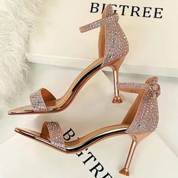 Dress Shoes BIGTREE Shoes Rhinestone High Heels Women Pumps Sexy Kitten Heels Party Shoes Open Toe Women Sandals Heel Stiletto Wedding Shoes 231012