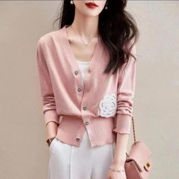 Women's Knits Beading Floral Knitted Cardigan Sweater Women 2023 Autumn Vintage Elegant Chic Black V-neck Long Sleeve Knitwear Tops Jumpers