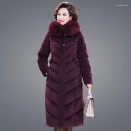 Women's Trench Coats Winter Clothes Women Purple Fur Long Coat With Hooded Velvet Fabric Cotton Padded Warm Thick Parkas Outerwear