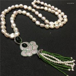 Chains Hand Knotted Natural White Baroque Pearl Long Sweater Chain Green Stone Tassel Necklace Fashion Jewellery