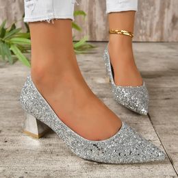 Dress Shoes Shiny Sequins Silver Pumps Women Autumn Simple Slip On High Heels Shoes Women Pointed Toe Thick Heeled Wedding Party Shoes 231012