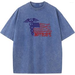 Men's T Shirts American Flag RN Print Short Sleeve T-shirt 230g Cotton Washed O-Neck Fashion Novelty Loose Bleached Tshirt