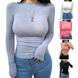 Women's T Shirt Women O Neck Thin Plain Solid Colour Perspective Pullover Tops 2023 Casual Autumn Long Sleeve Bodycon Stretch Basic Tee 231012