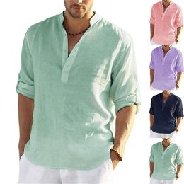 Men's Polos High Quality Spring/summer Breathable Long Sleeved Cotton Linen Shirt Business Casual Loose Fitting T-shirt Top S-5xl