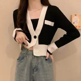 Women's Knits Korean Version Sweater One Button Retro Cardigan Contrast Color Female Long Sleeve V Neck Knitted Tops