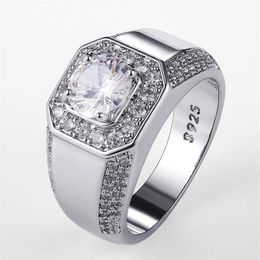 Luxury 925 Sterling Silver Men Crystal Zircon Stone Wedding Ring Brilliant Noble Engagement Engage Party Rings with Stamp248e