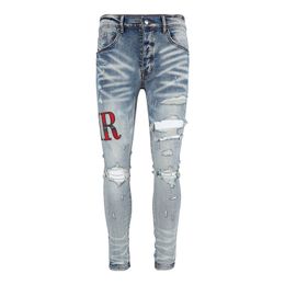 Men's jeans imitation old motorcycle motorcycle jeans rock skinny slim ripped letters top quality brand hip hop denim designers pants size 28-40