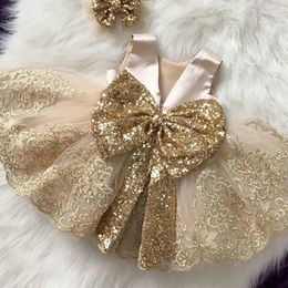 Girl s Dresses Summer Sequins Bow Baby Girl Dress Gold 1st First Birthday Princess Wedding Kids Party For Bridemaids Evening Gown 231013