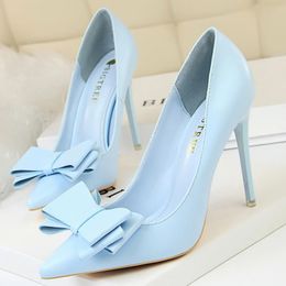 Dress Shoes Women Fetish 10.5cm High Heels Blue Yellow Pumps Butterfly Knot Leather Stiletto Lady Escarpins Wedding Party Event 231013