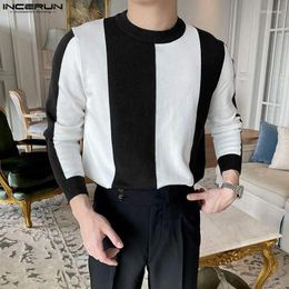 Men's T Shirts Stylish Tops INCERUN Colour Contrast Splicing T-shirts Fashion Casual Male O-Neck Knitting Camiseta S-5XL 2023