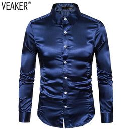 Men's Silk Satin Party Shirts Male Slim Fit Long Sleeve Solid Colour Shiny Nightclub Wedding Shirt 10 Colours S-2XL Casual315z