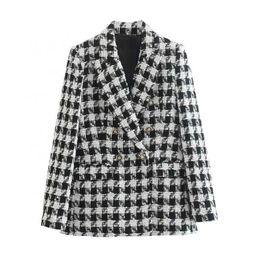 2023 Double Breasted Spring Autumn Outerwear Female Chic Tops Vintage Office Lady Jacket Coat New Casual Women Tweed Blazer